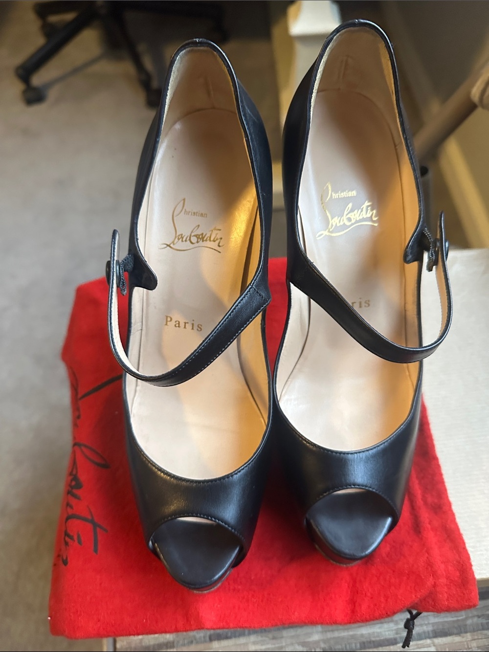 Christian Louboutin Black Leather Peep-Toe Mary Jane Pumps